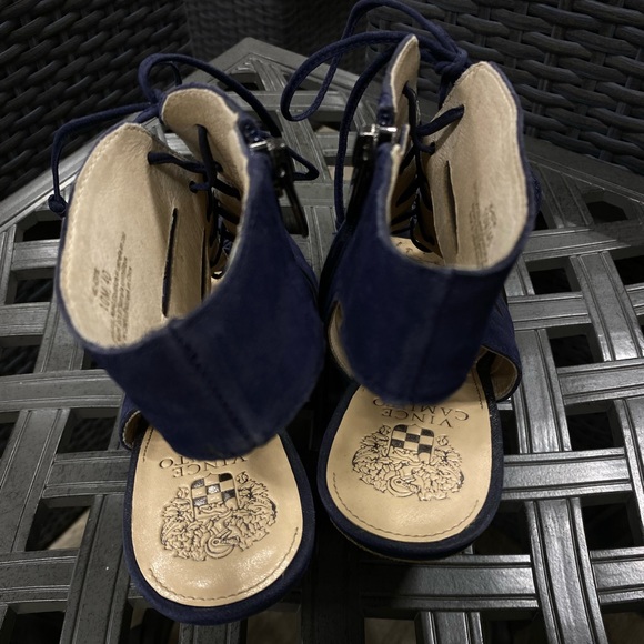 Vince Camuto Estie navy suede lace up cutout open toe heels - Picture 3 of 6